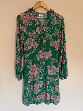 Q+A Green & Pink Floral Print Long-Sleeve Button Front Collared Mini Dress Sz S